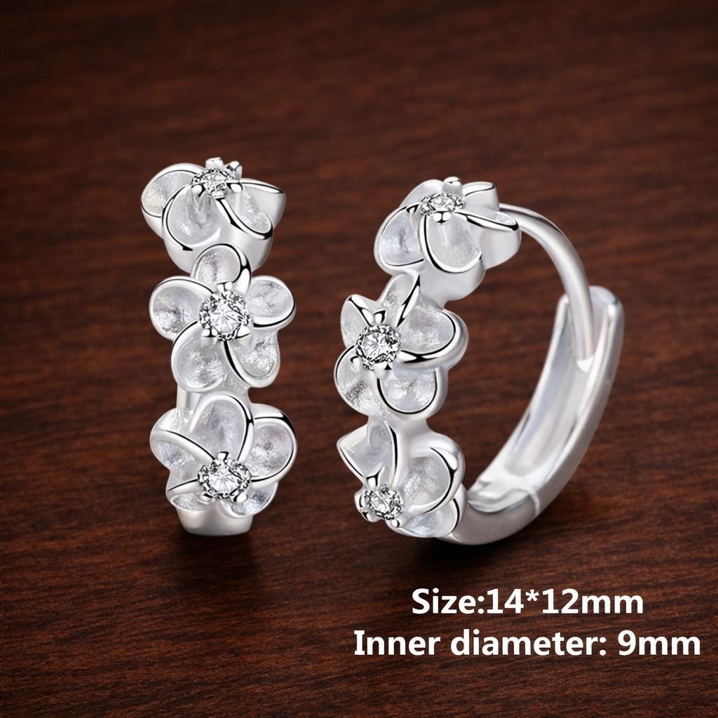 Sterling Silver Rose Flower Hoop Earrings with AAA Zirconia