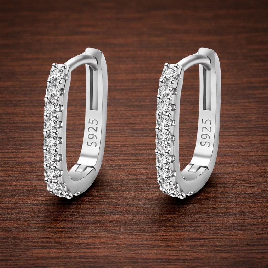 Sterling Silver Crystal Square Huggie Hoop Earrings, Minimalist Wedding Jewelry