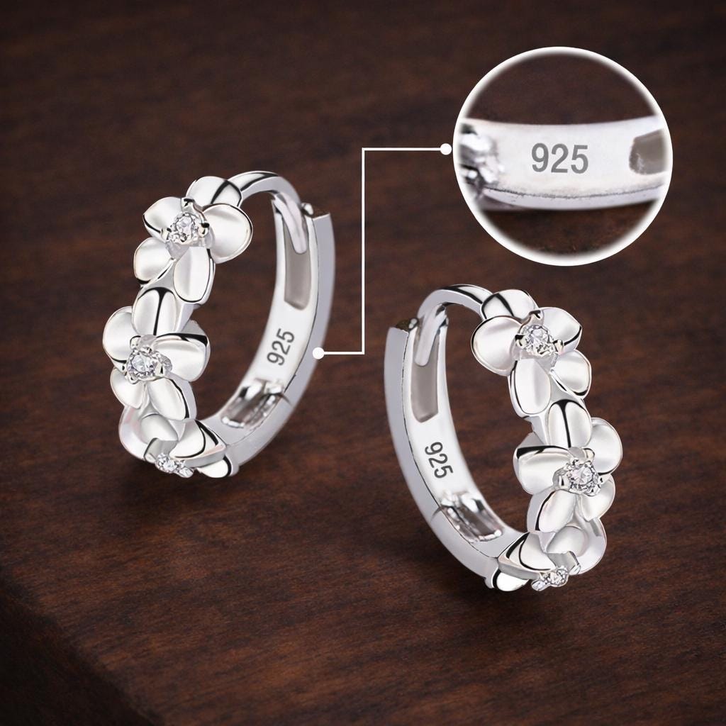Sterling Silver Rose Flower Hoop Earrings with AAA Zirconia