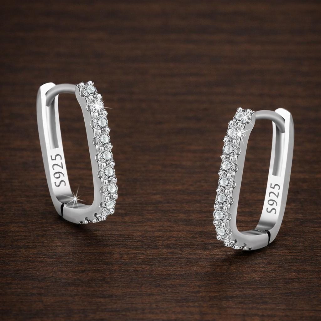 Sterling Silver Crystal Square Huggie Hoop Earrings, Minimalist Wedding Jewelry