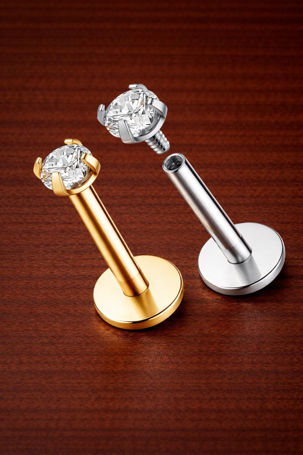 G23 Titanium CZ Stud Earring, Silver Labret Nose Stud, Helix Cartilage Piercing Jewelry