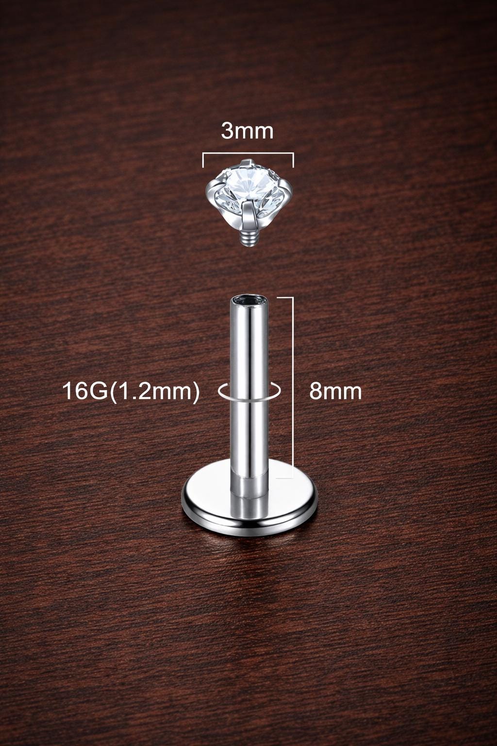 G23 Titanium CZ Stud Earring, Silver Labret Nose Stud, Helix Cartilage Piercing Jewelry