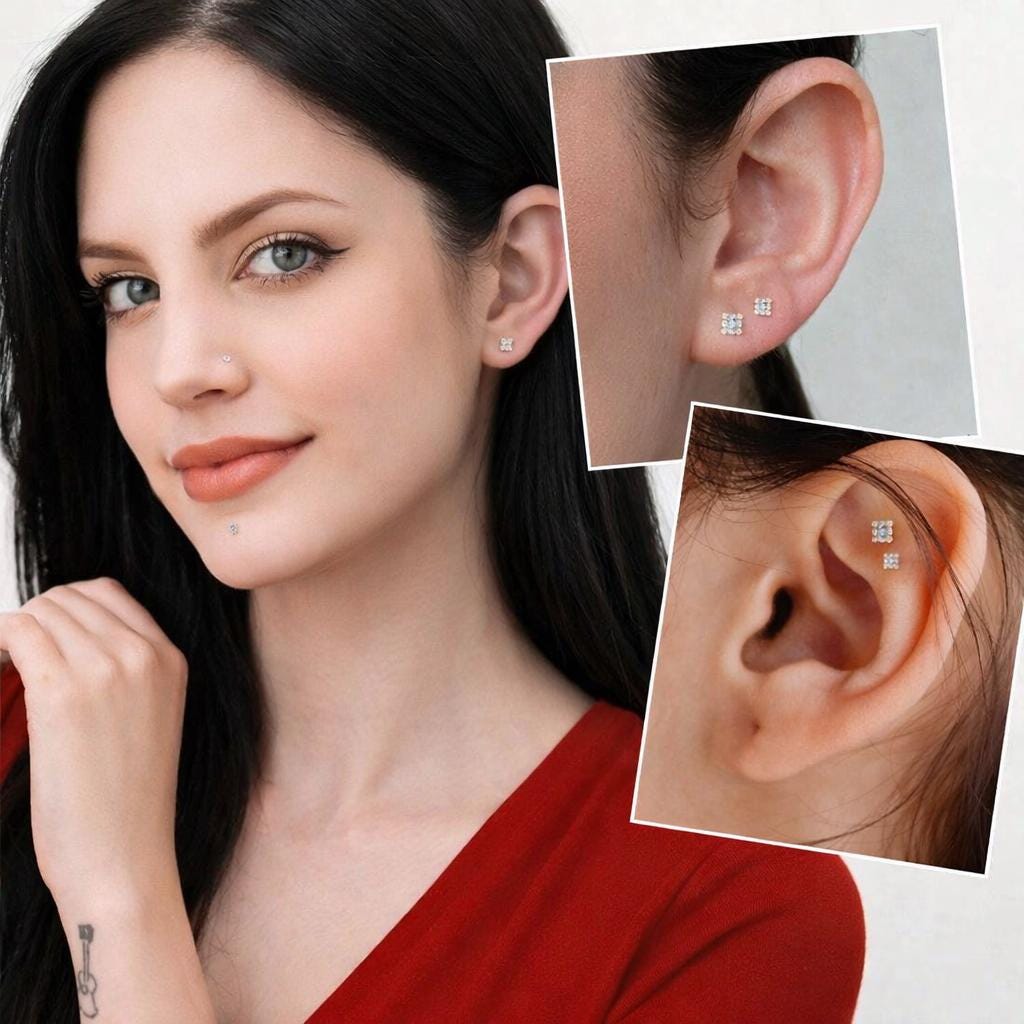 G23 Titanium CZ Stud Earring, Silver Labret Nose Stud, Helix Cartilage Piercing Jewelry